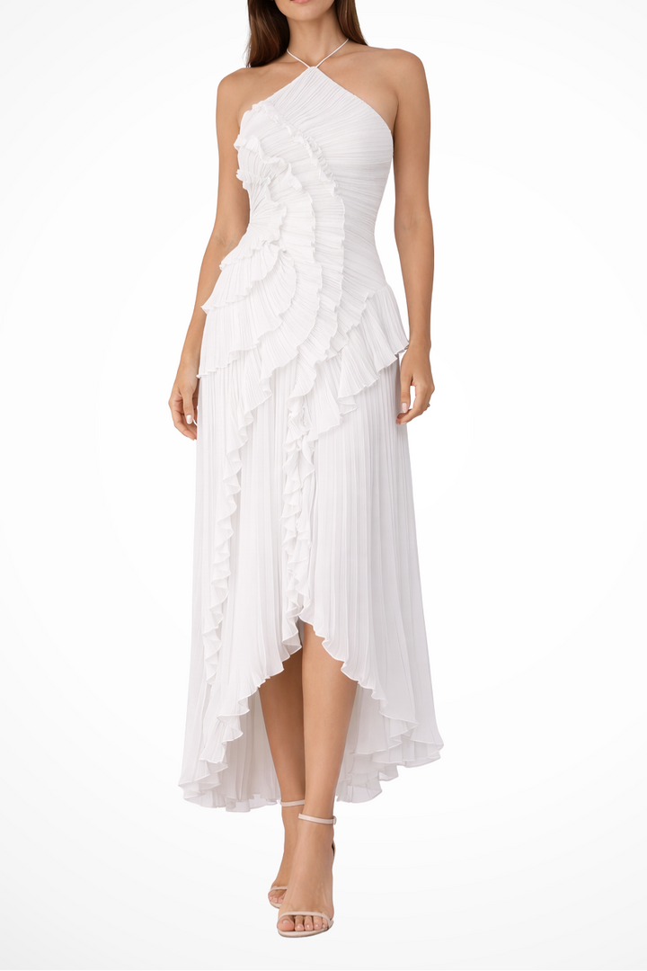 Women’s Sleeveless Halter Backless Ruffled Maxi Wedding Guest Dress