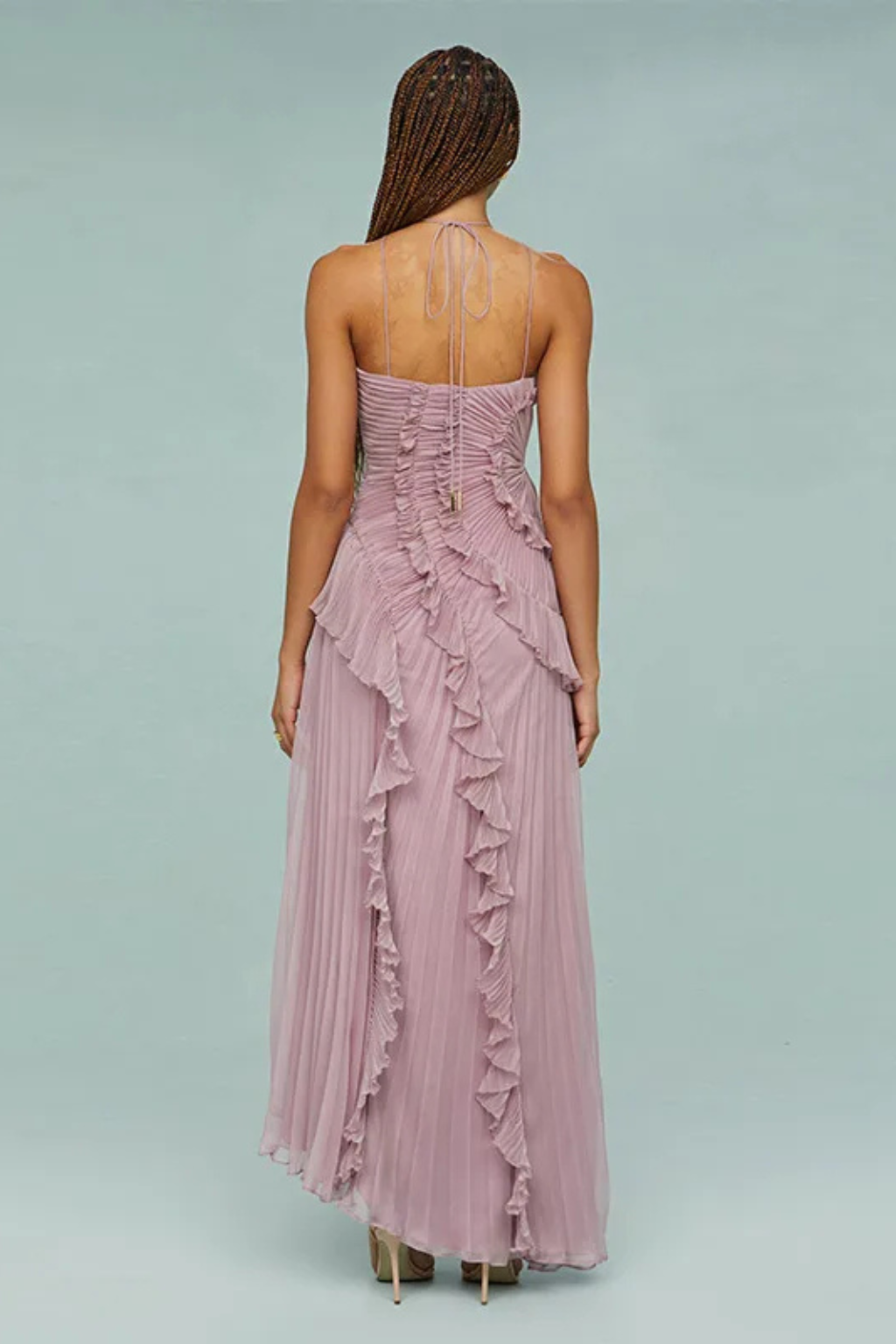 Women’s Sleeveless Halter Backless Ruffled Maxi Wedding Guest Dress