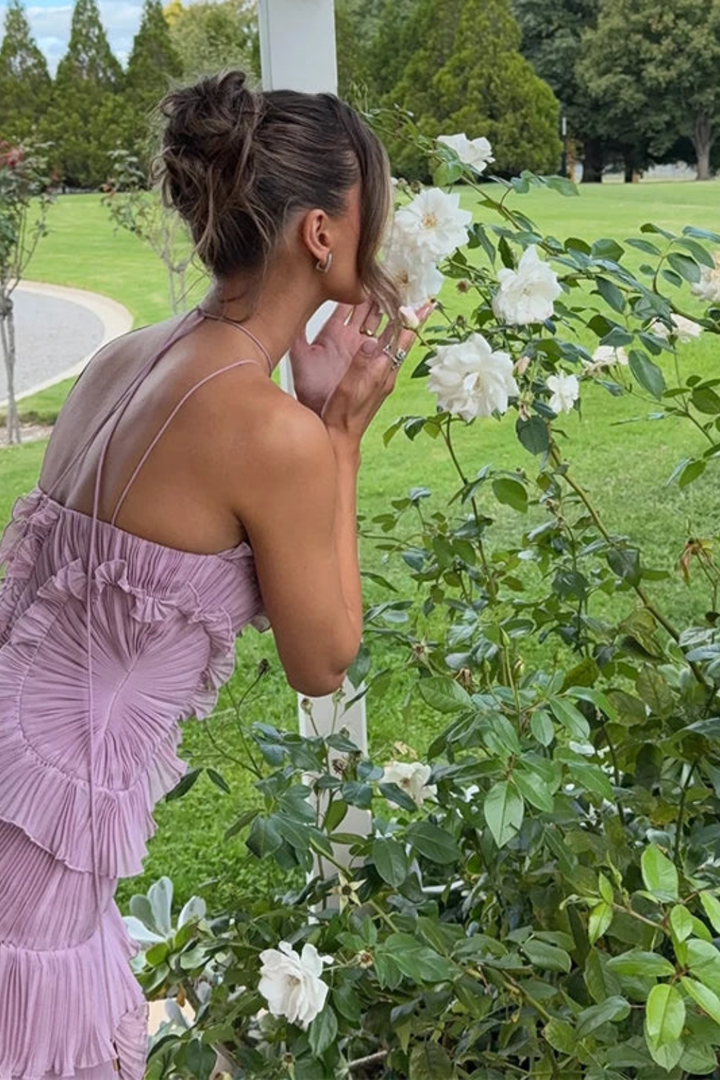 Women’s Sleeveless Halter Backless Ruffled Maxi Wedding Guest Dress