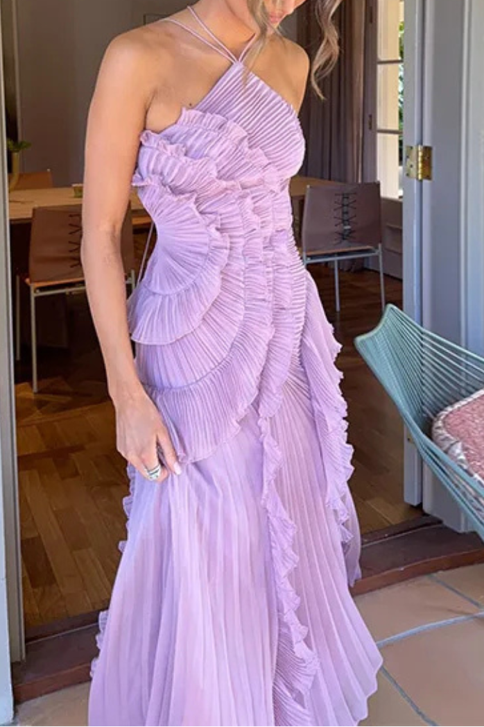 Women’s Sleeveless Halter Backless Ruffled Maxi Wedding Guest Dress
