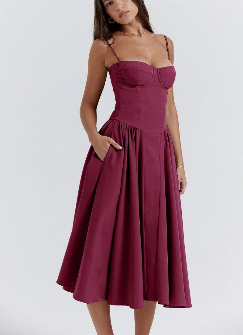 Women's Sleeveless Midi Dress with Shaped Bodice