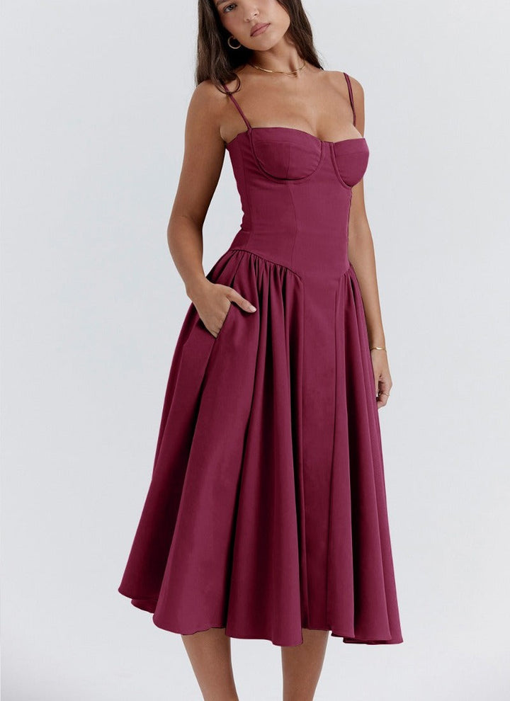 Women's Sleeveless Midi Dress with Shaped Bodice
