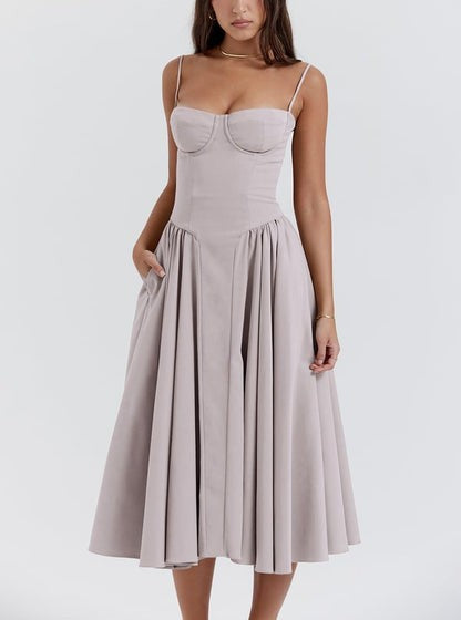 Women's Sleeveless Midi Dress with Shaped Bodice