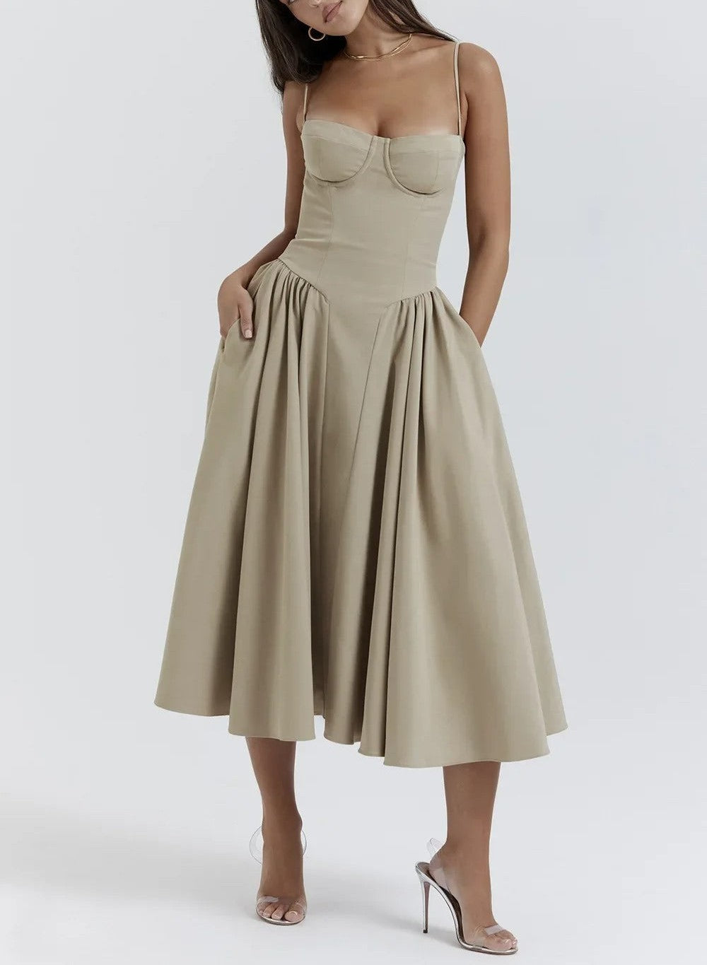 Women's Sleeveless Midi Dress with Shaped Bodice