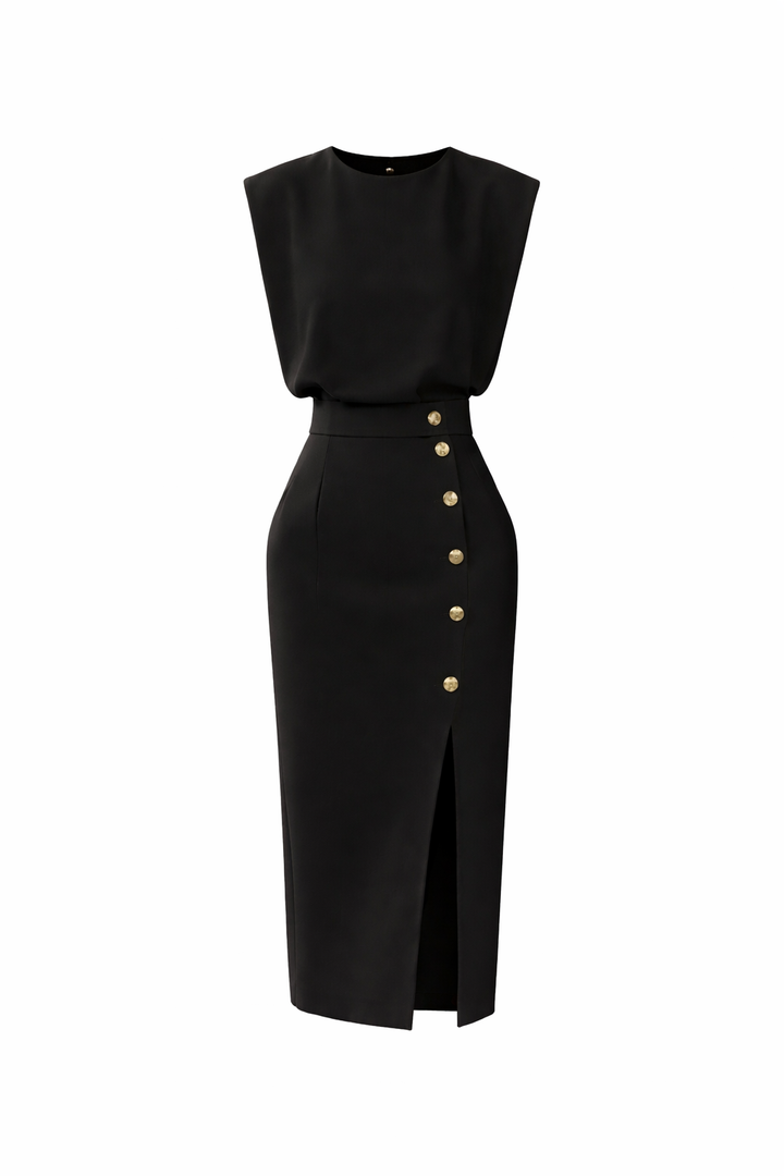 Women's Sleeveless Midi Dress with Side Slit and Button Detail