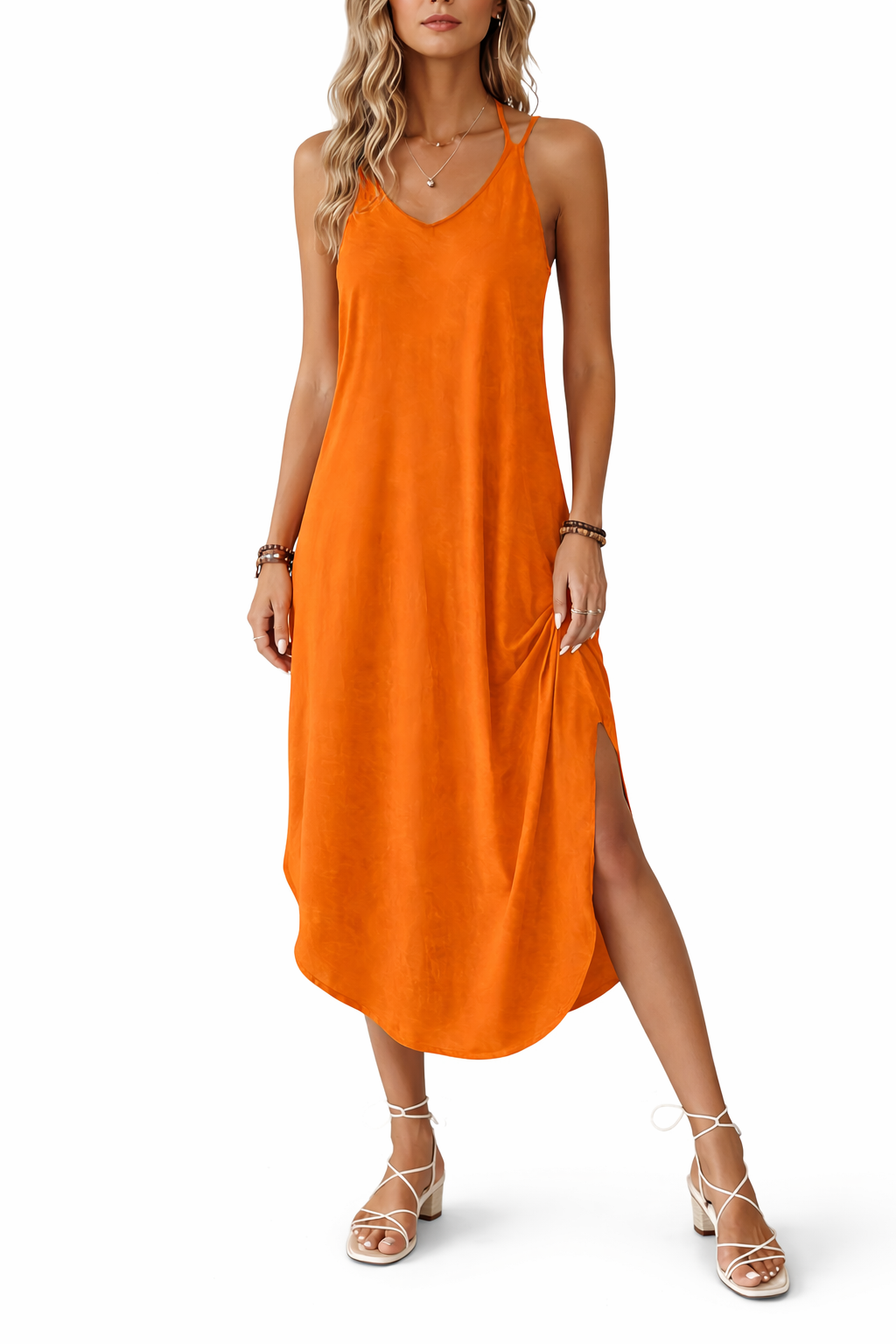 Women's Sleeveless V Neck Midi Dress with Side Slit
