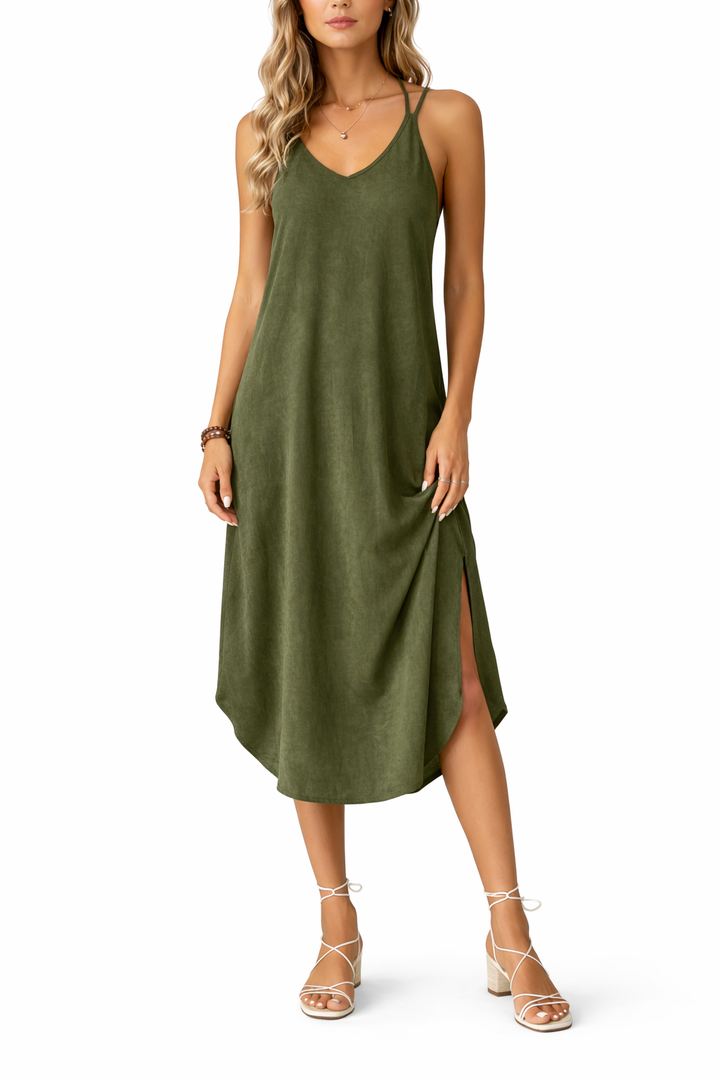 Women's Sleeveless V Neck Midi Dress with Side Slit