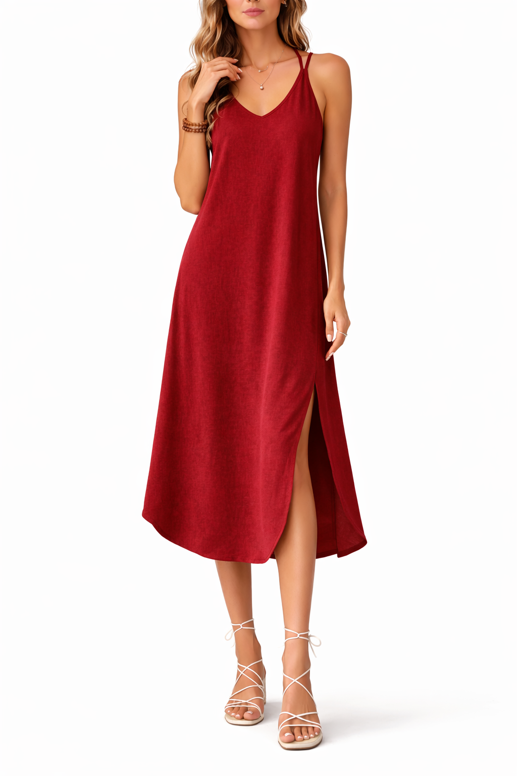 Women's Sleeveless V Neck Midi Dress with Side Slit
