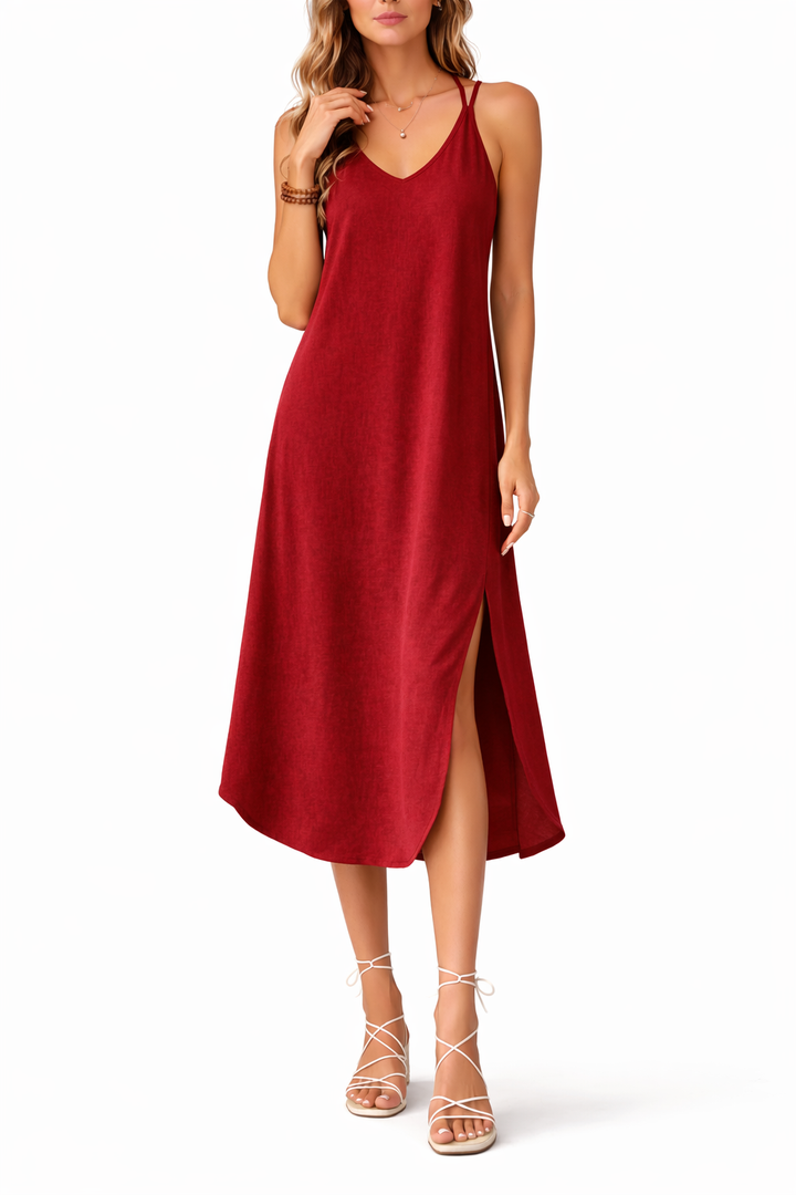 Women's Sleeveless V Neck Midi Dress with Side Slit