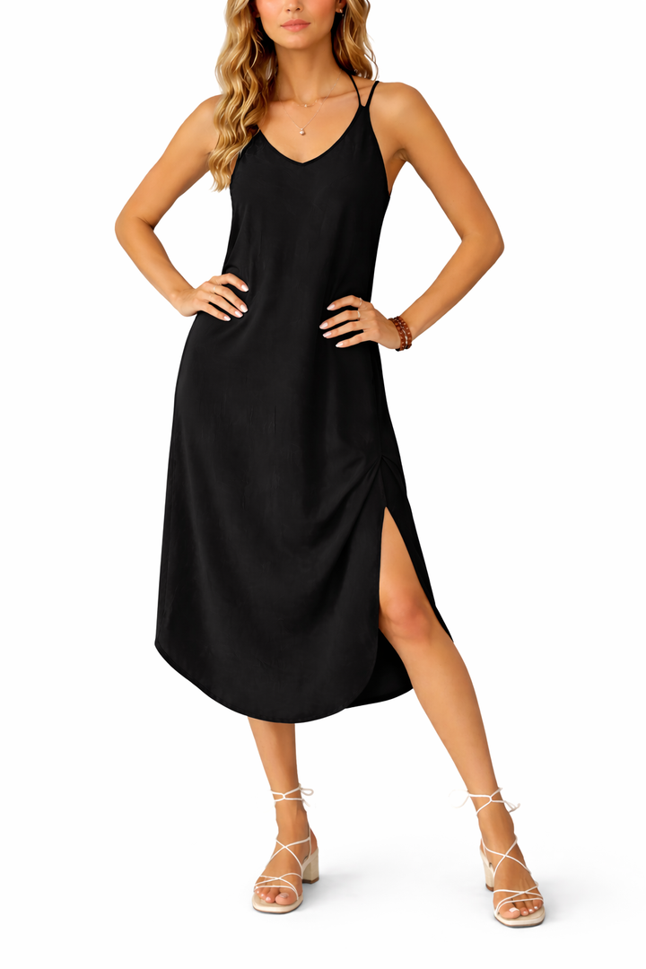 Women's Sleeveless V Neck Midi Dress with Side Slit
