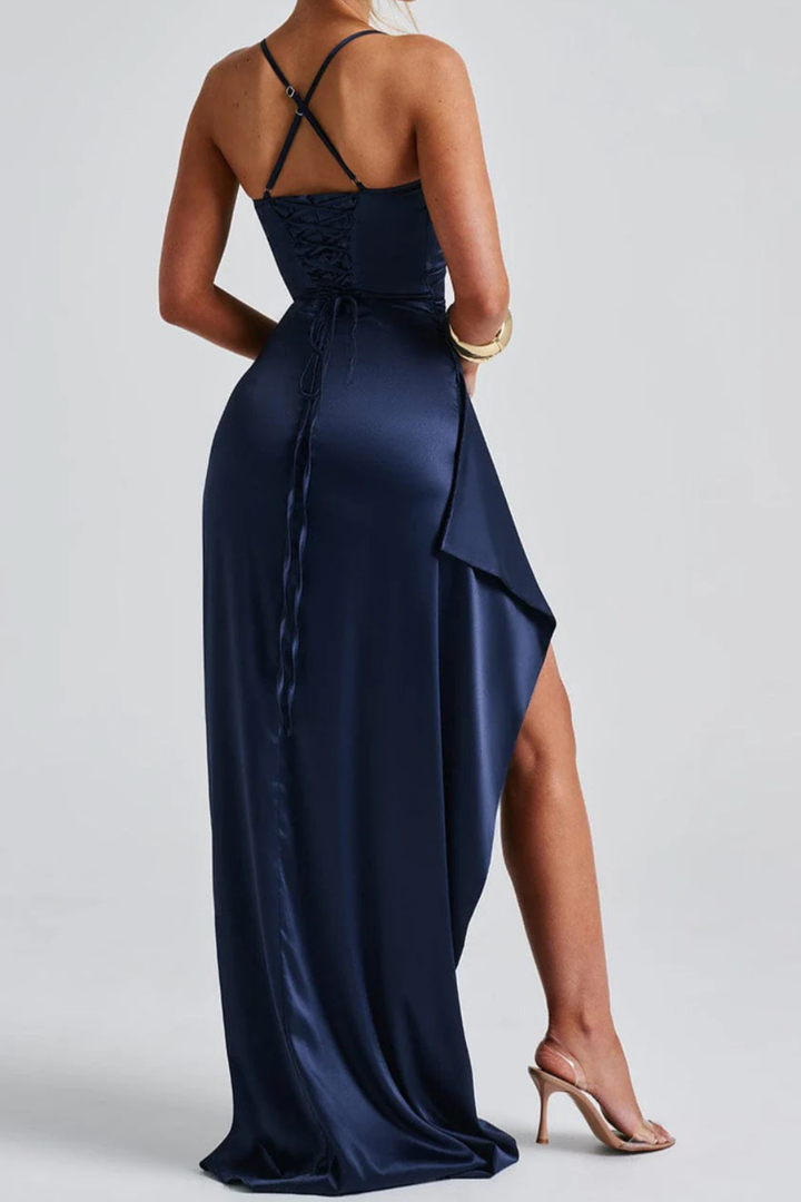 Women's Spaghetti Strap Ruched Maxi High Slit Wedding Guest Dress