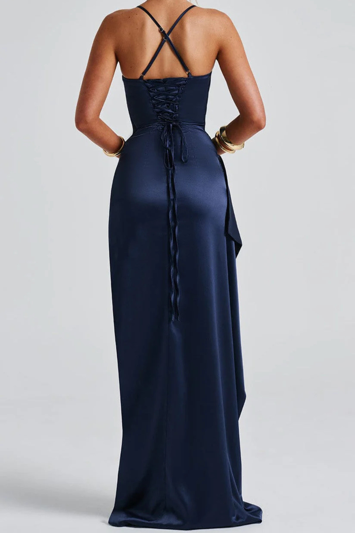 Women's Spaghetti Strap Ruched Maxi High Slit Wedding Guest Dress