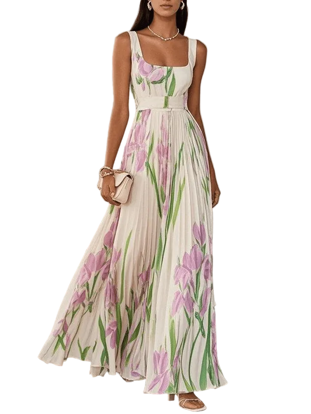 Women's Square Neck Maxi Dress with Floral Print