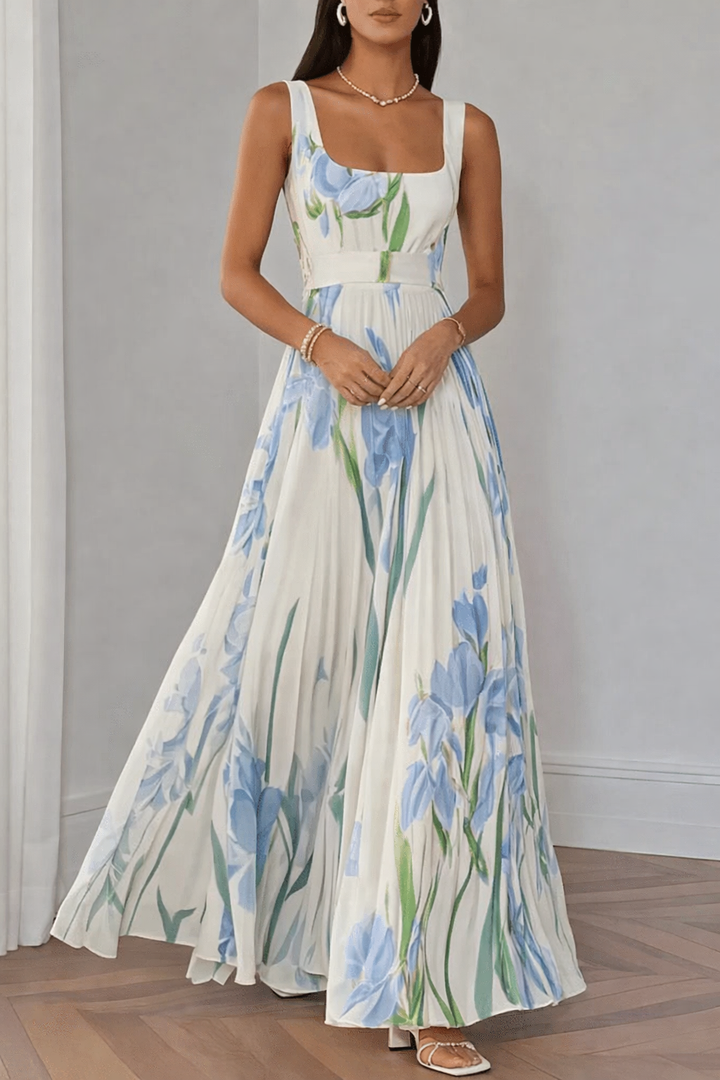 Women's Square Neck Maxi Dress with Floral Print