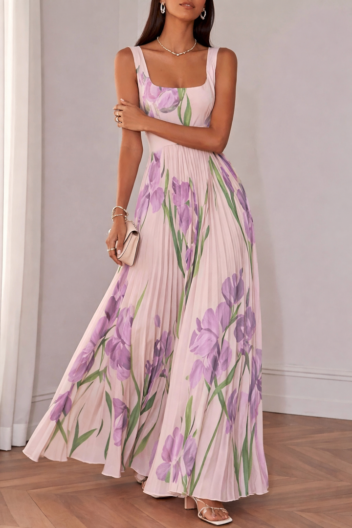 Women's Square Neck Maxi Dress with Floral Print