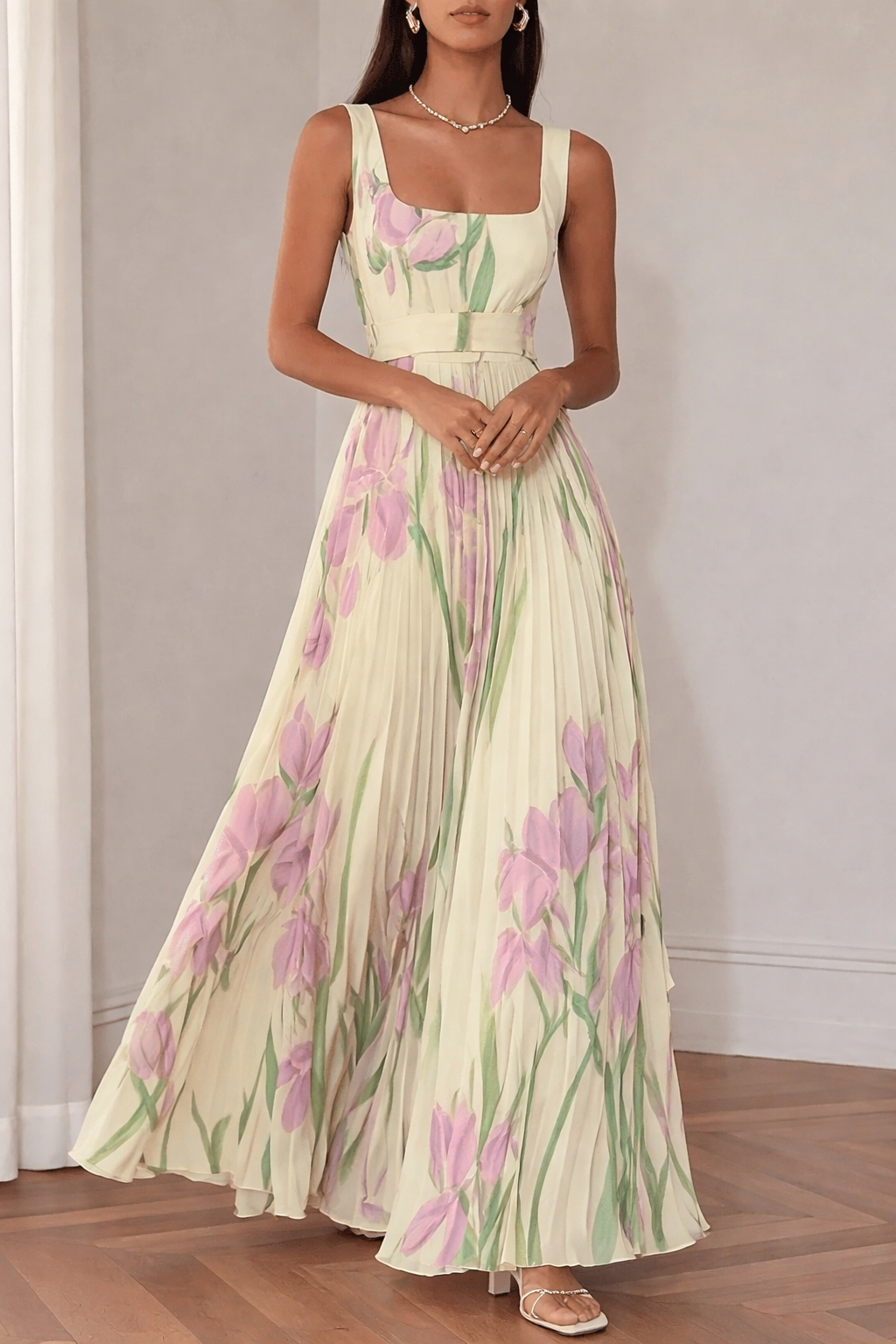 Women's Square Neck Maxi Dress with Floral Print