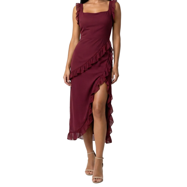 Women's Square Neck Midi Dress with Ruffle Trim and Side Slit