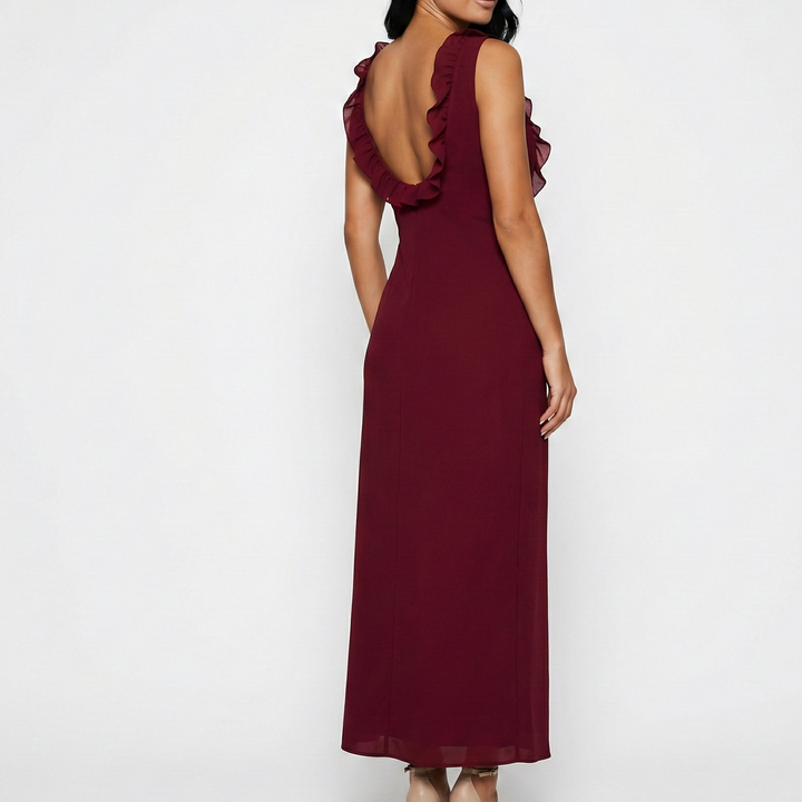 Women's Square Neck Midi Dress with Ruffle Trim and Side Slit