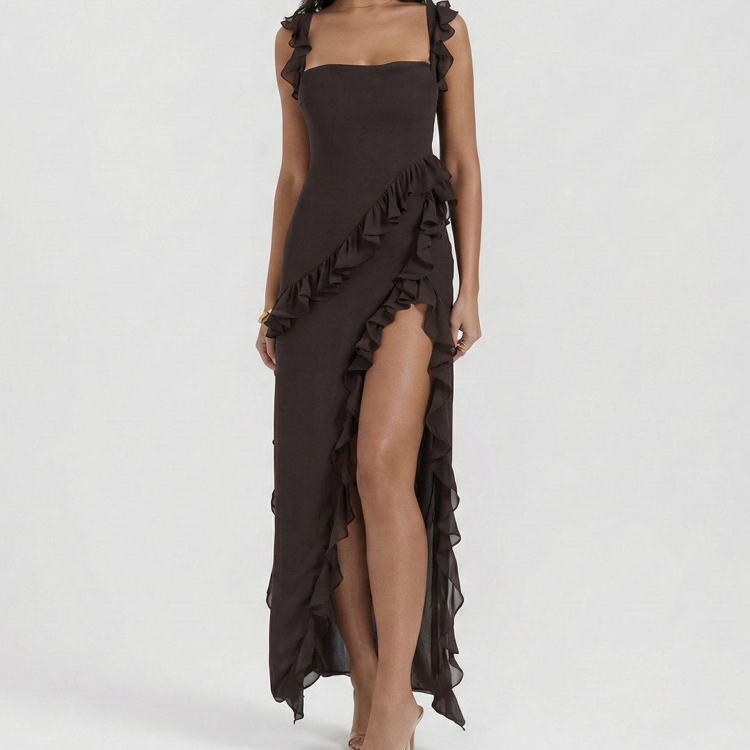 Women's Square Neck Midi Dress with Ruffle Trim and Side Slit