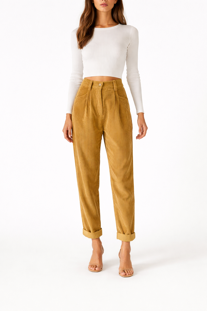 Women's Straight Fit Trousers with High Waist and Front Pleats