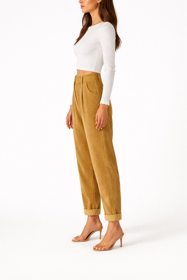 Women's Straight Fit Trousers with High Waist and Front Pleats