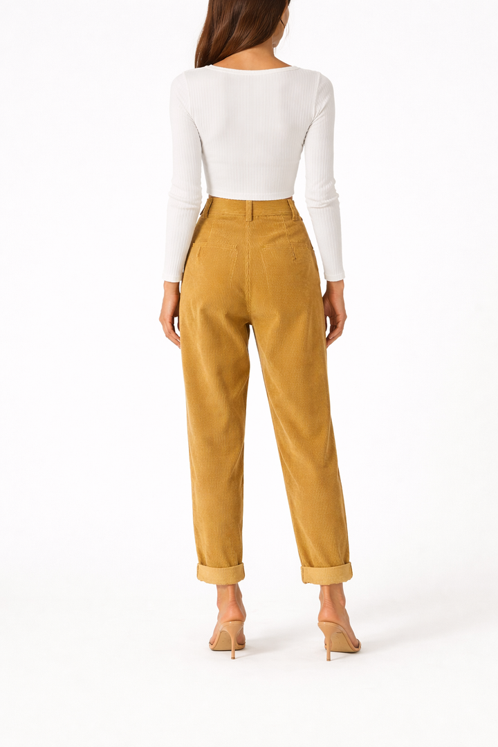 Women's Straight Fit Trousers with High Waist and Front Pleats