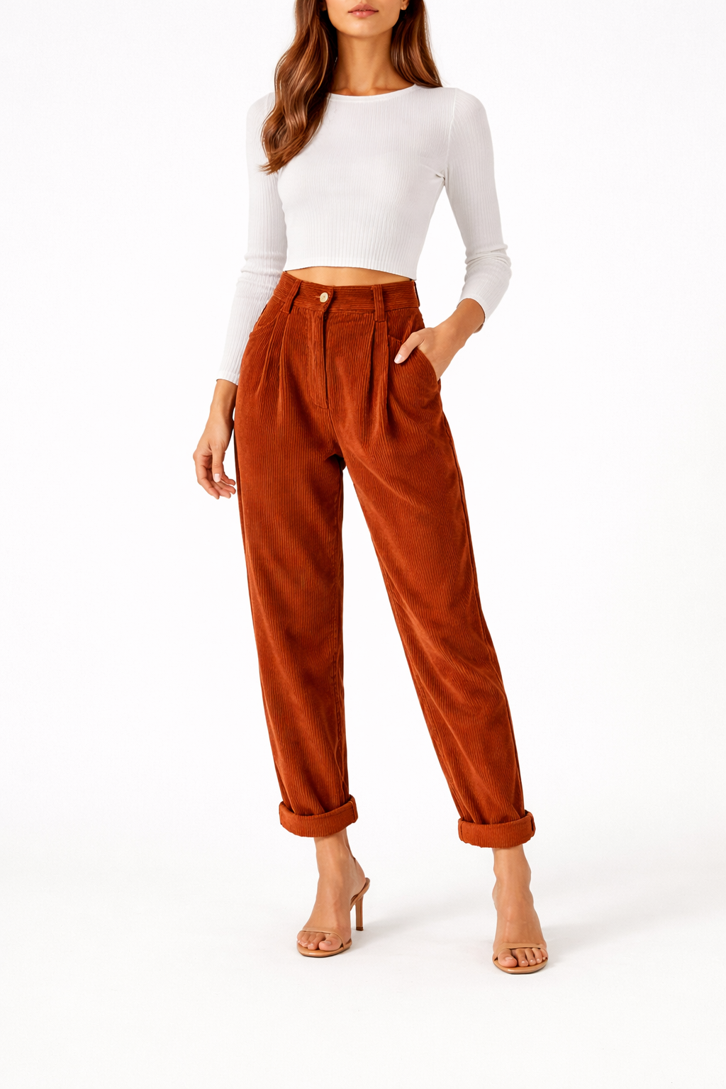 Women's Straight Fit Trousers with High Waist and Front Pleats