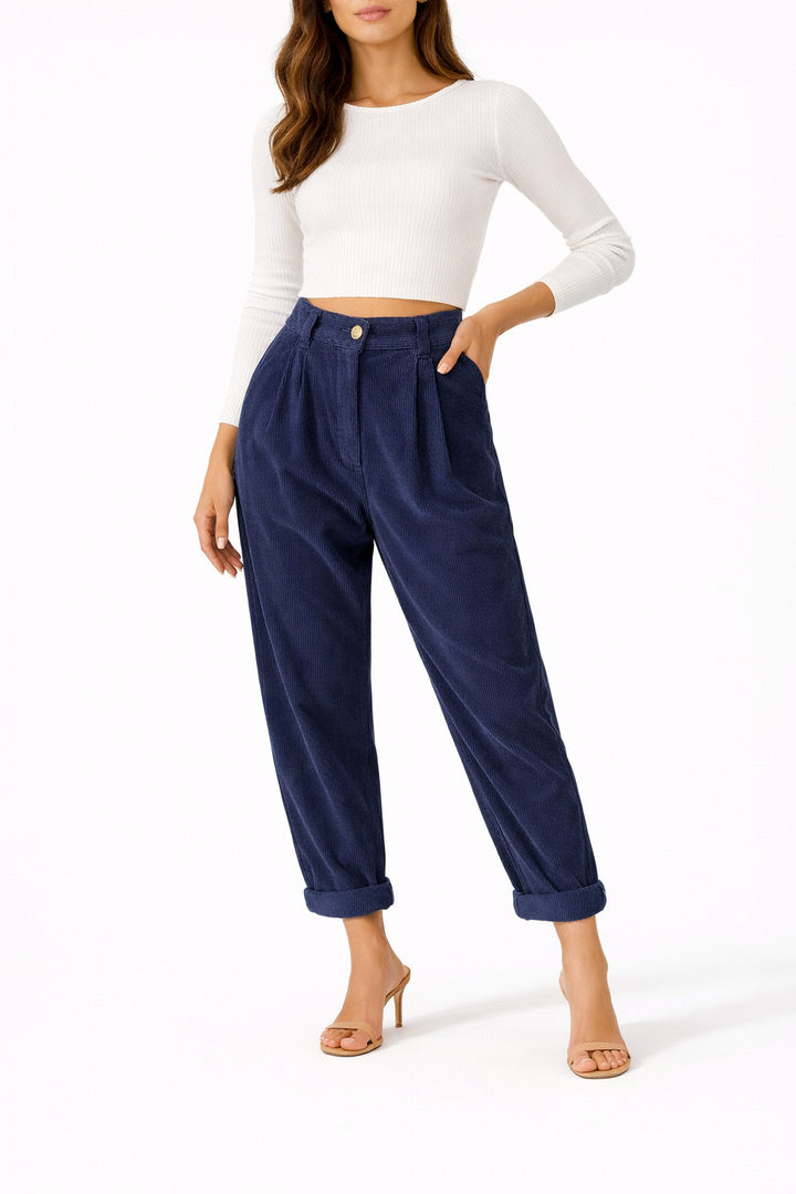 Women's Straight Fit Trousers with High Waist and Front Pleats