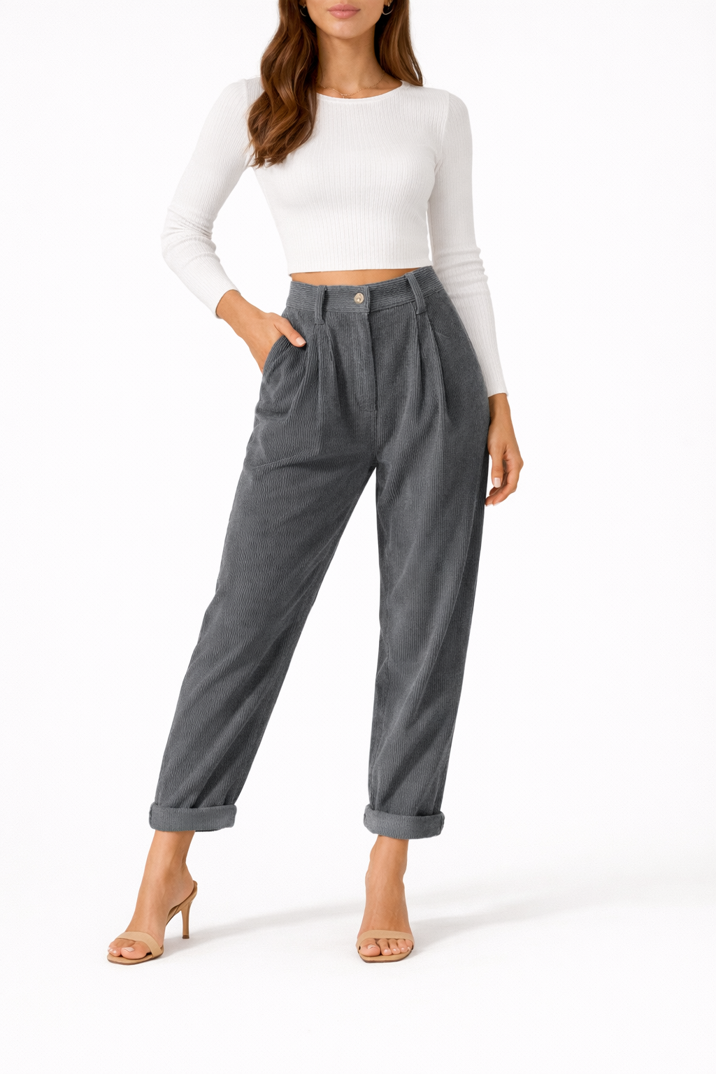 Women's Straight Fit Trousers with High Waist and Front Pleats