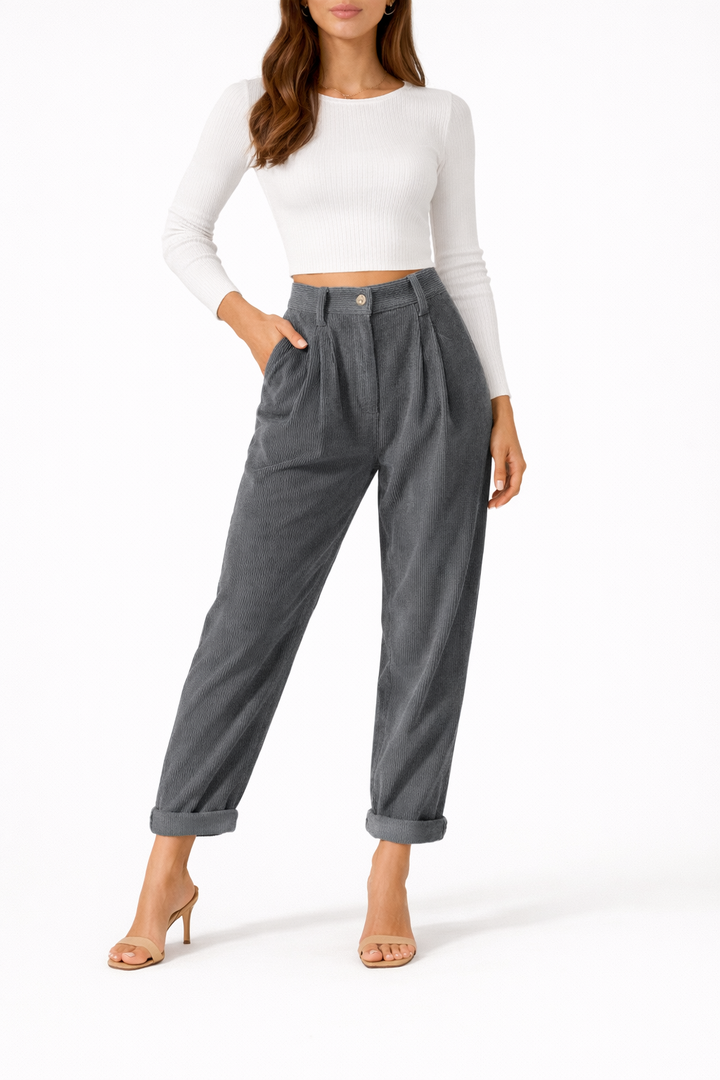 Women's Straight Fit Trousers with High Waist and Front Pleats