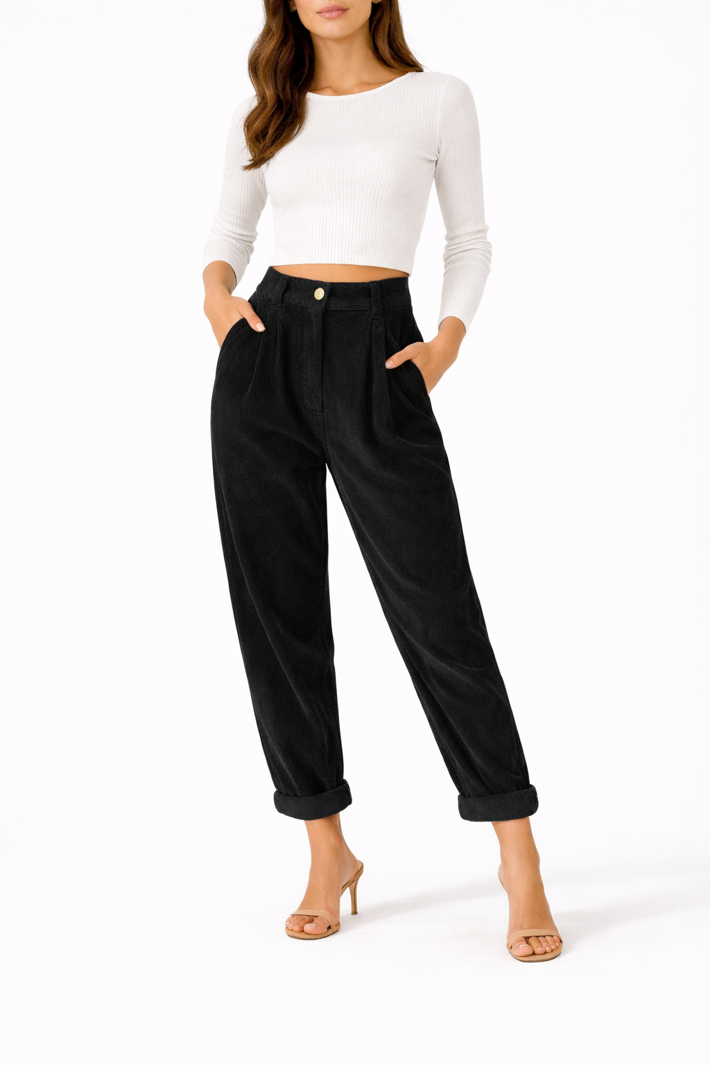 Women's Straight Fit Trousers with High Waist and Front Pleats