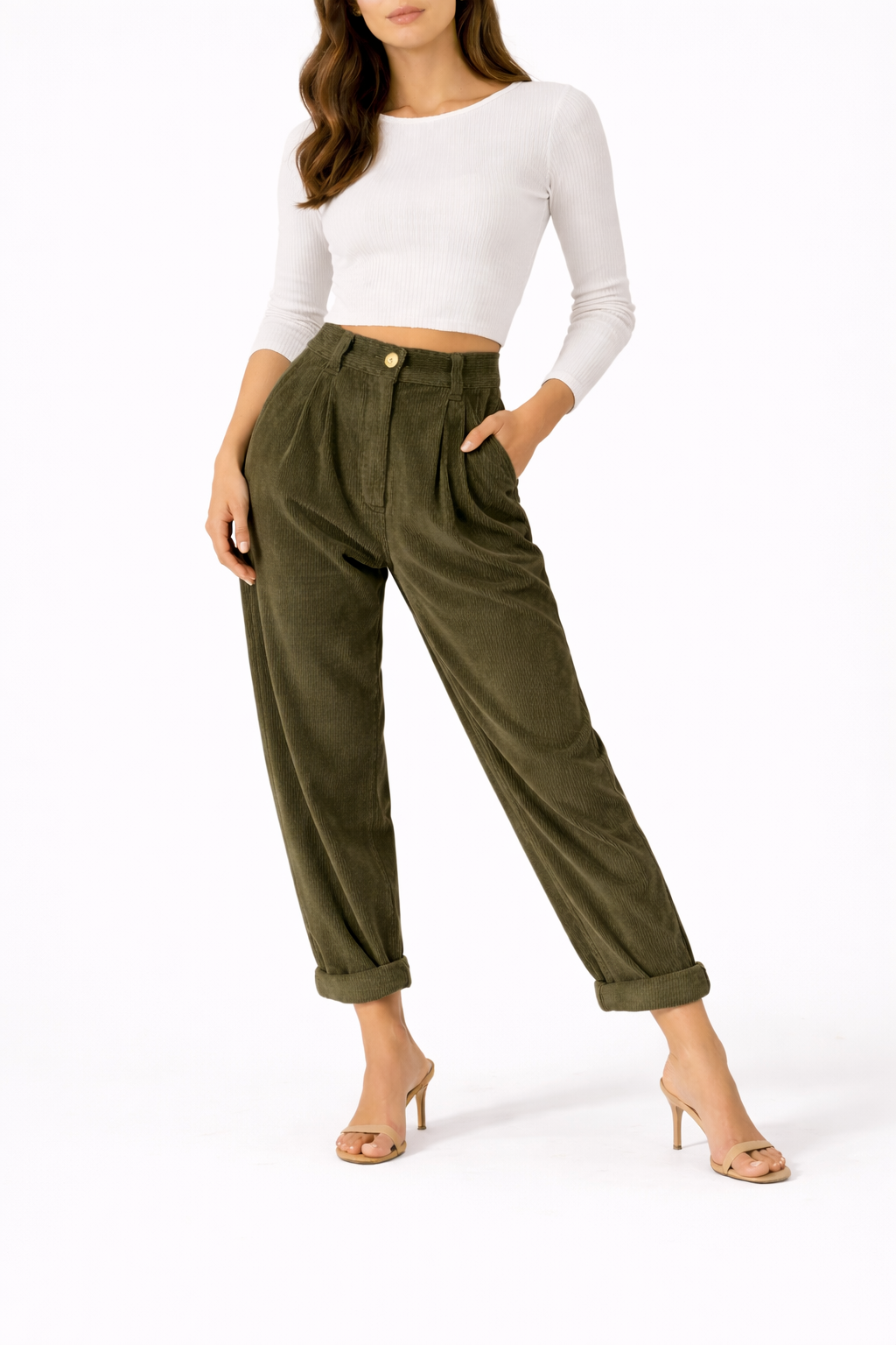 Women's Straight Fit Trousers with High Waist and Front Pleats