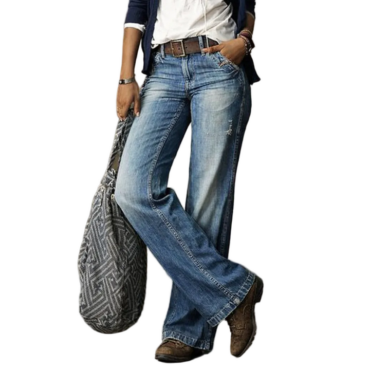 Women's Straight Leg Denim Jeans Mid Waist Full Length Pocket Design