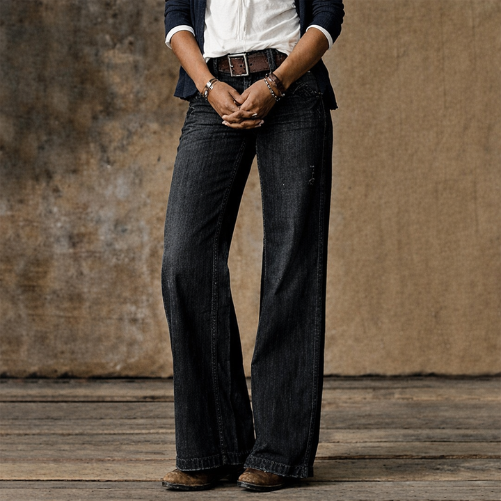 Women's Straight Leg Denim Jeans Mid Waist Full Length Pocket Design