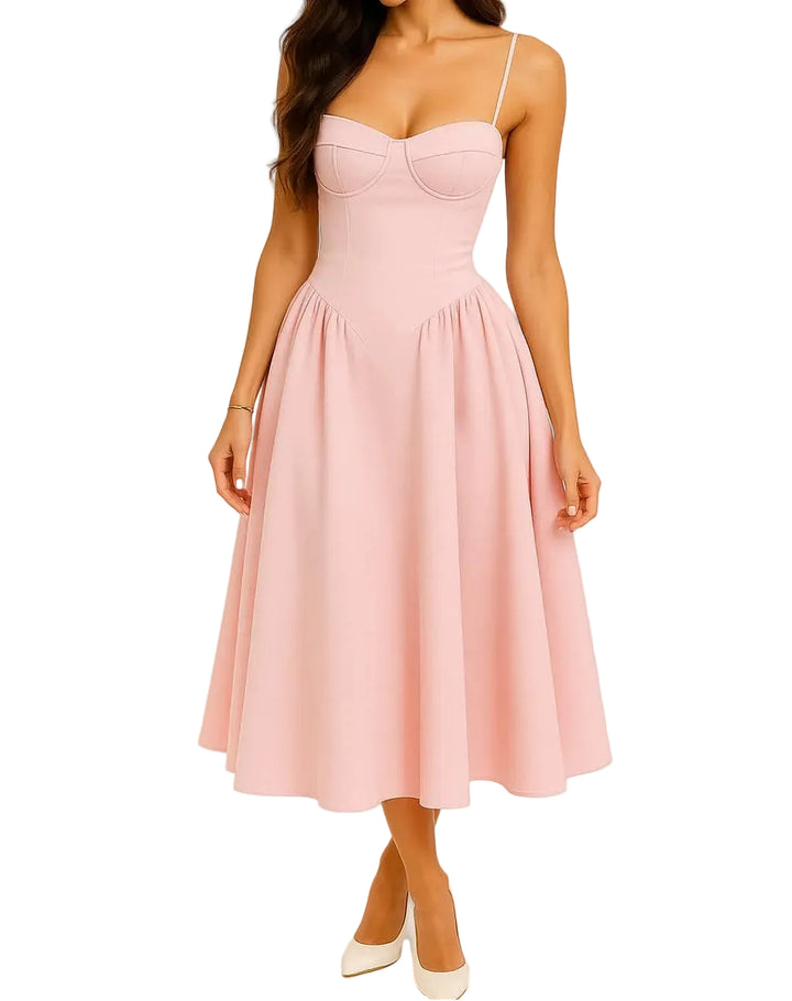 Women’s Strap Flared Skirt Midi Dress with Corset Bodice