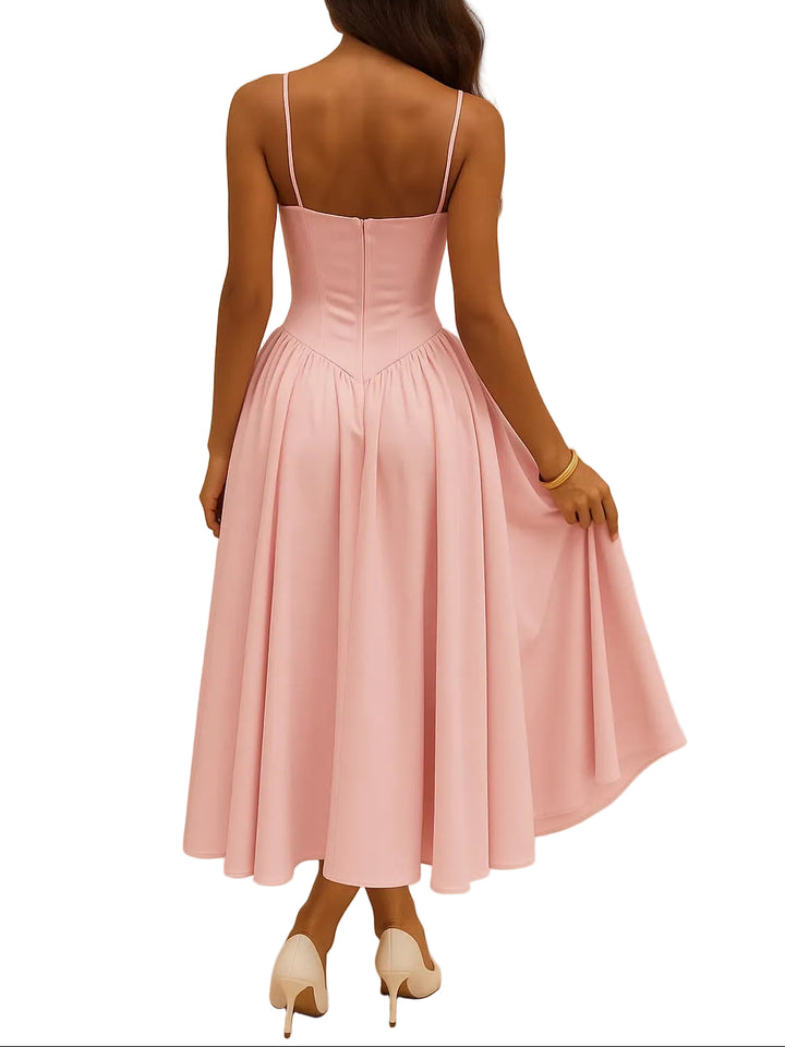 Women’s Strap Flared Skirt Midi Dress with Corset Bodice