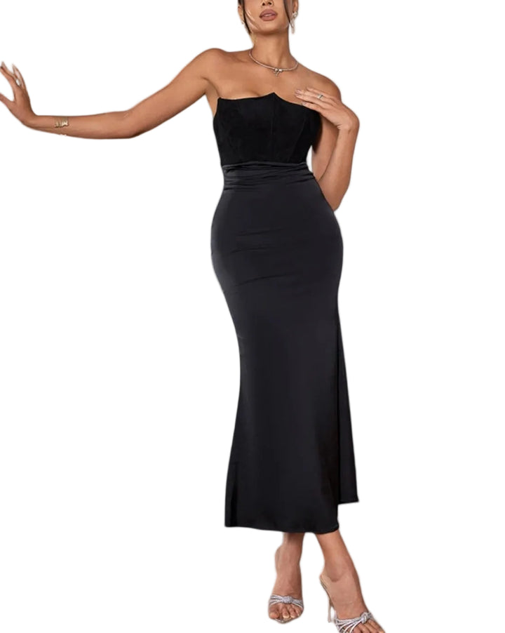 Women's Strapless Corset Velvet Sheath Midi Dress