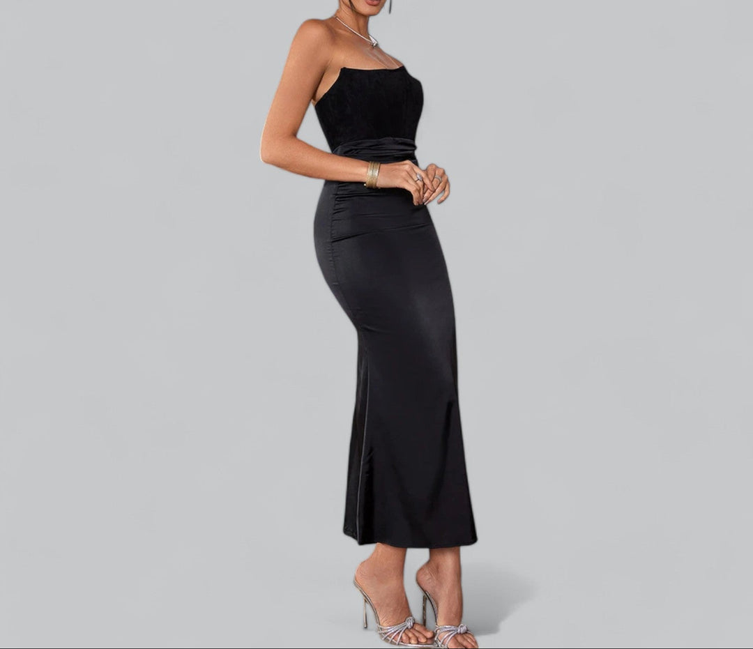 Women's Strapless Corset Velvet Sheath Midi Dress