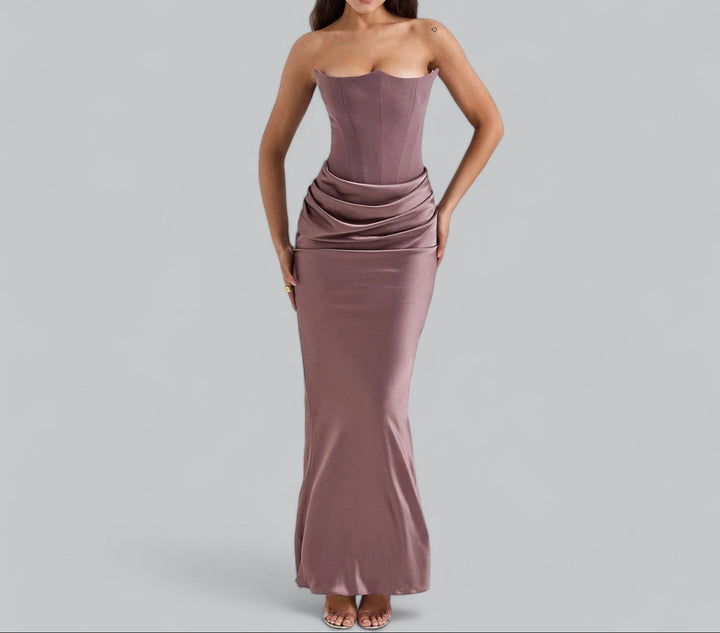 Women's Strapless Corset Velvet Sheath Midi Dress