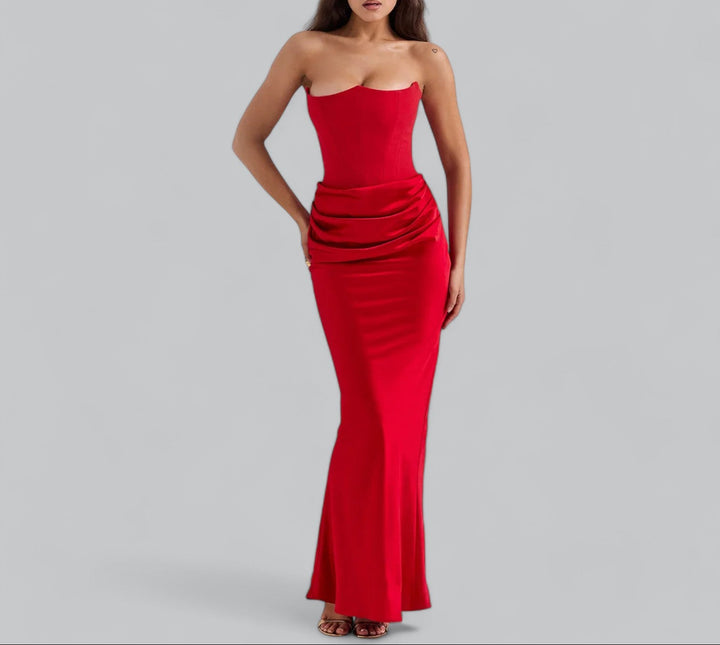 Women's Strapless Corset Velvet Sheath Midi Dress