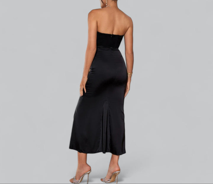 Women's Strapless Corset Velvet Sheath Midi Dress
