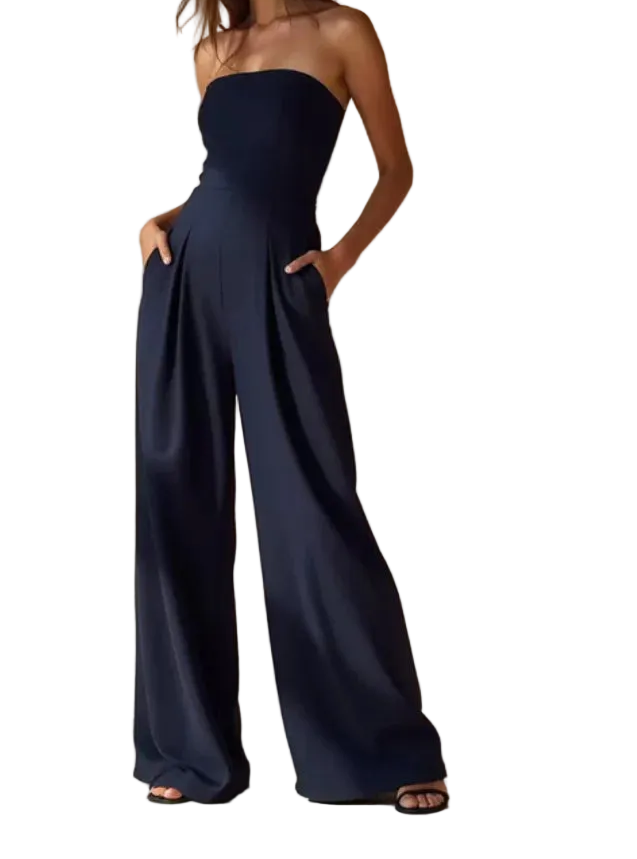 Women's Strapless Pleated Jumpsuit with Wide Leg