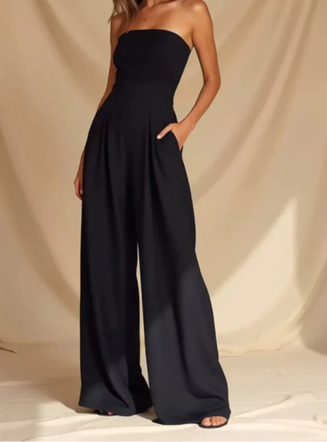Women's Strapless Pleated Jumpsuit with Wide Leg