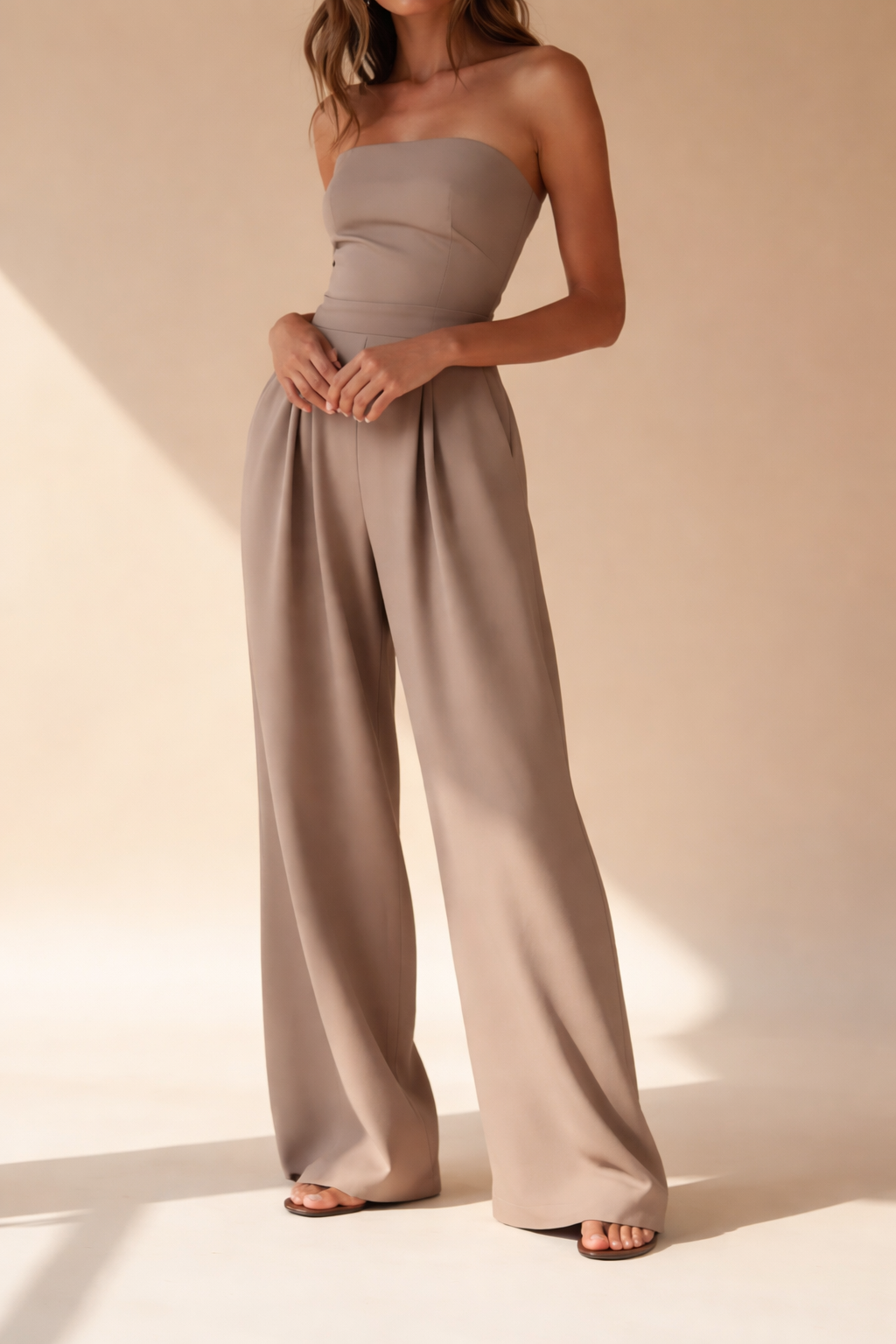 Women's Strapless Pleated Jumpsuit with Wide Leg