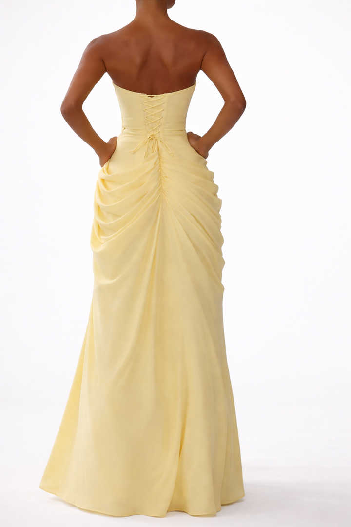Women's Strapless Ruched Slit Wedding Guest Maxi Dress
