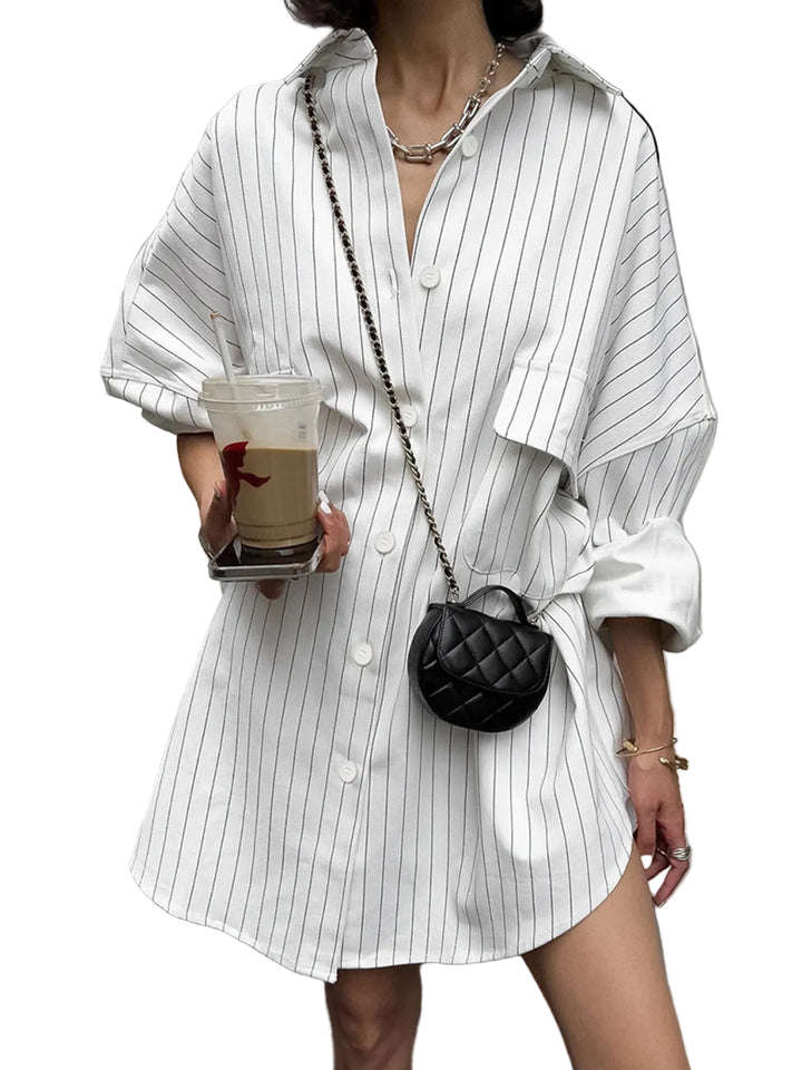 Women's Striped Button Down Long Sleeve Shirt Dress with Collar