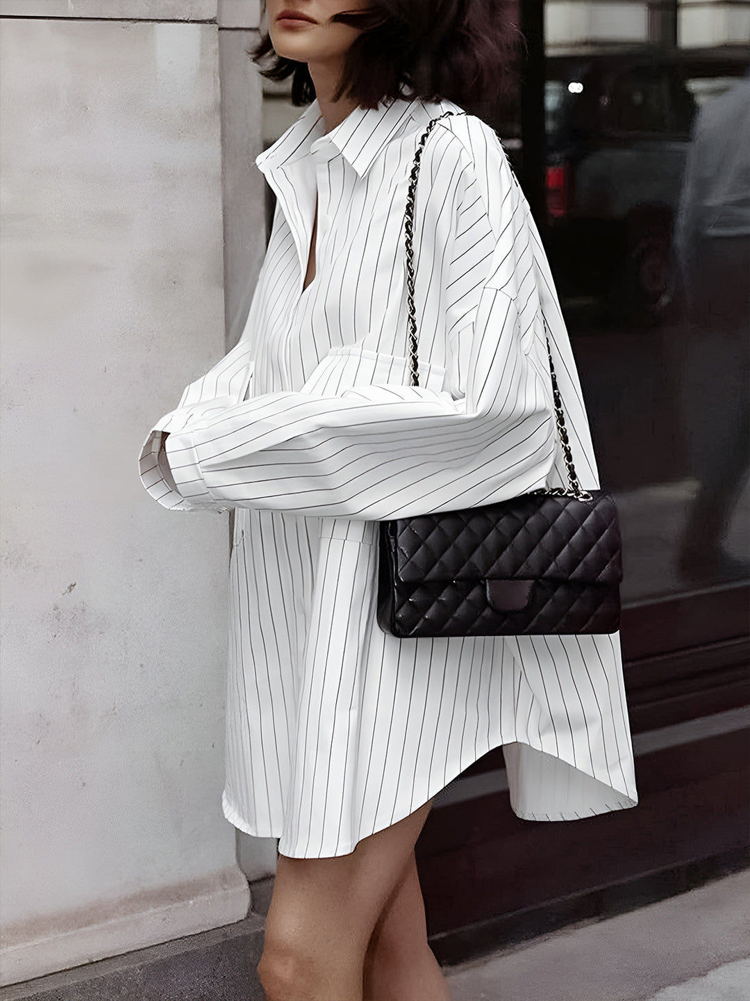 Women's Striped Button Down Long Sleeve Shirt Dress with Collar