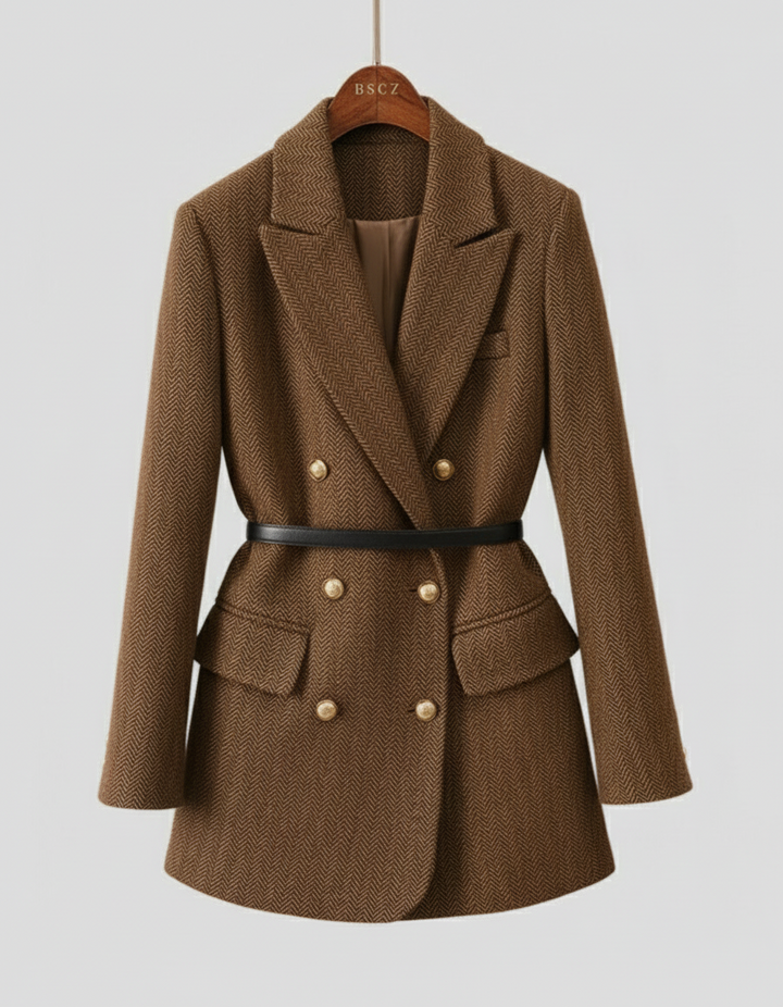 Women’s Tweed Coat with Waist Belt and Gold Buttons