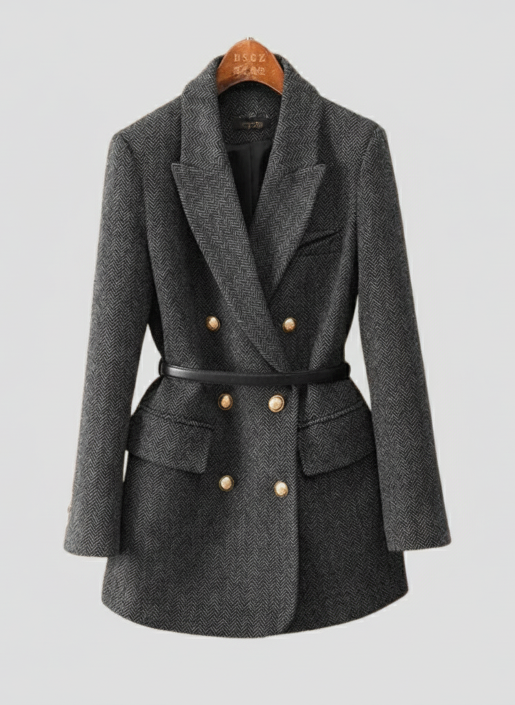 Women’s Tweed Coat with Waist Belt and Gold Buttons