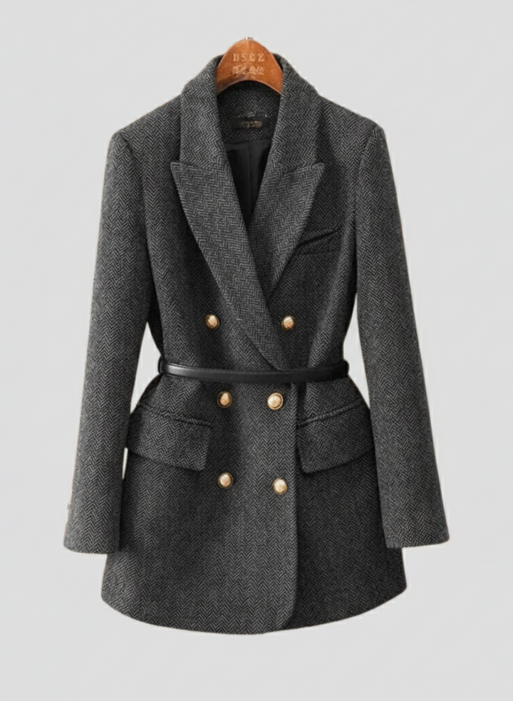 Women’s Tweed Coat with Waist Belt and Gold Buttons